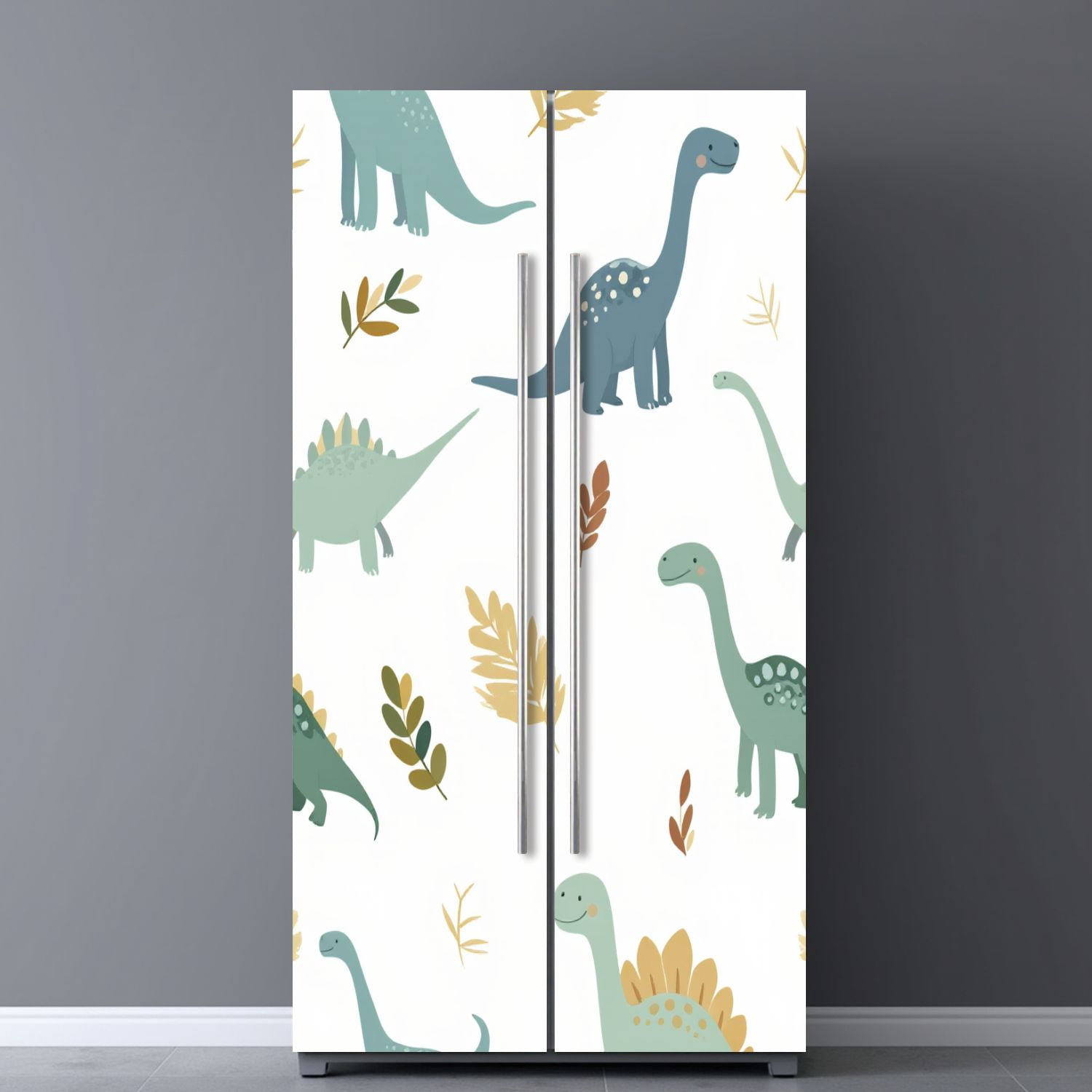 Self Adhesive Vinyl Refrigerator Wrap Set Cute Dinosaurs Foliage Door Mural Removable Fridge Sticker Peel and Stick&nbsp;Full Door Cover Decal Kitchen Bar Decor