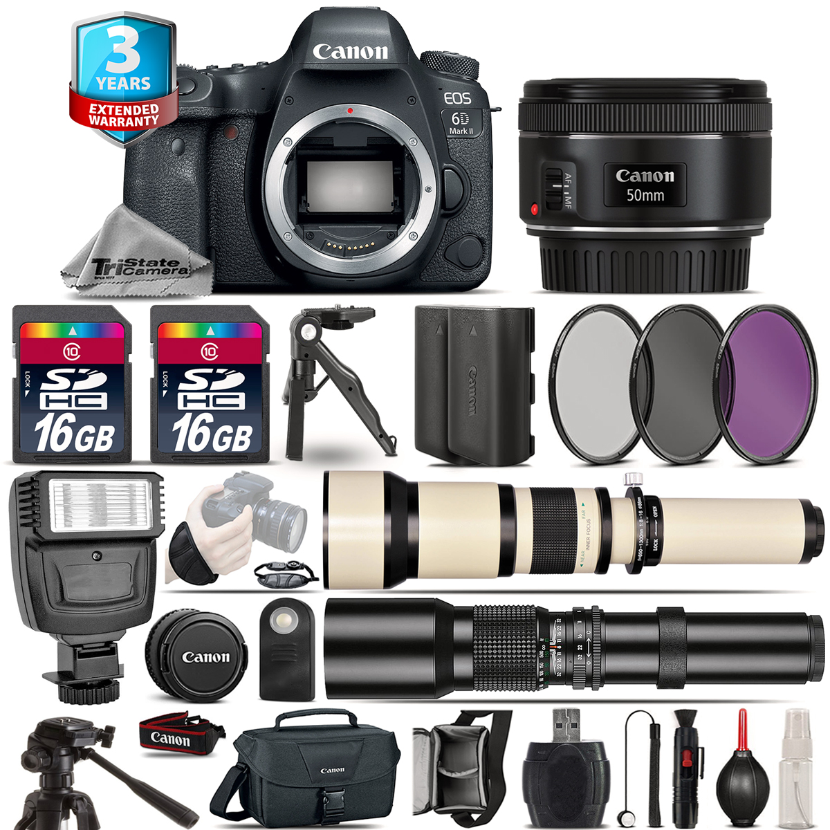 Canon EOS 6D Mark II Camera + 50mm - 3 Lens Kit + Flash + EXT BAT + 3yr Warranty - image 1 of 11