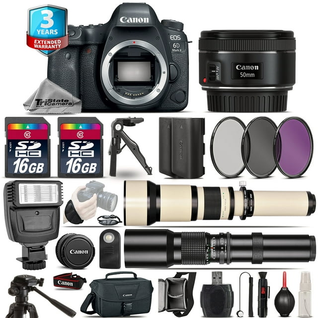 Canon EOS 6D Mark II Camera + 50mm - 3 Lens Kit + Flash + EXT BAT + 3yr Warranty