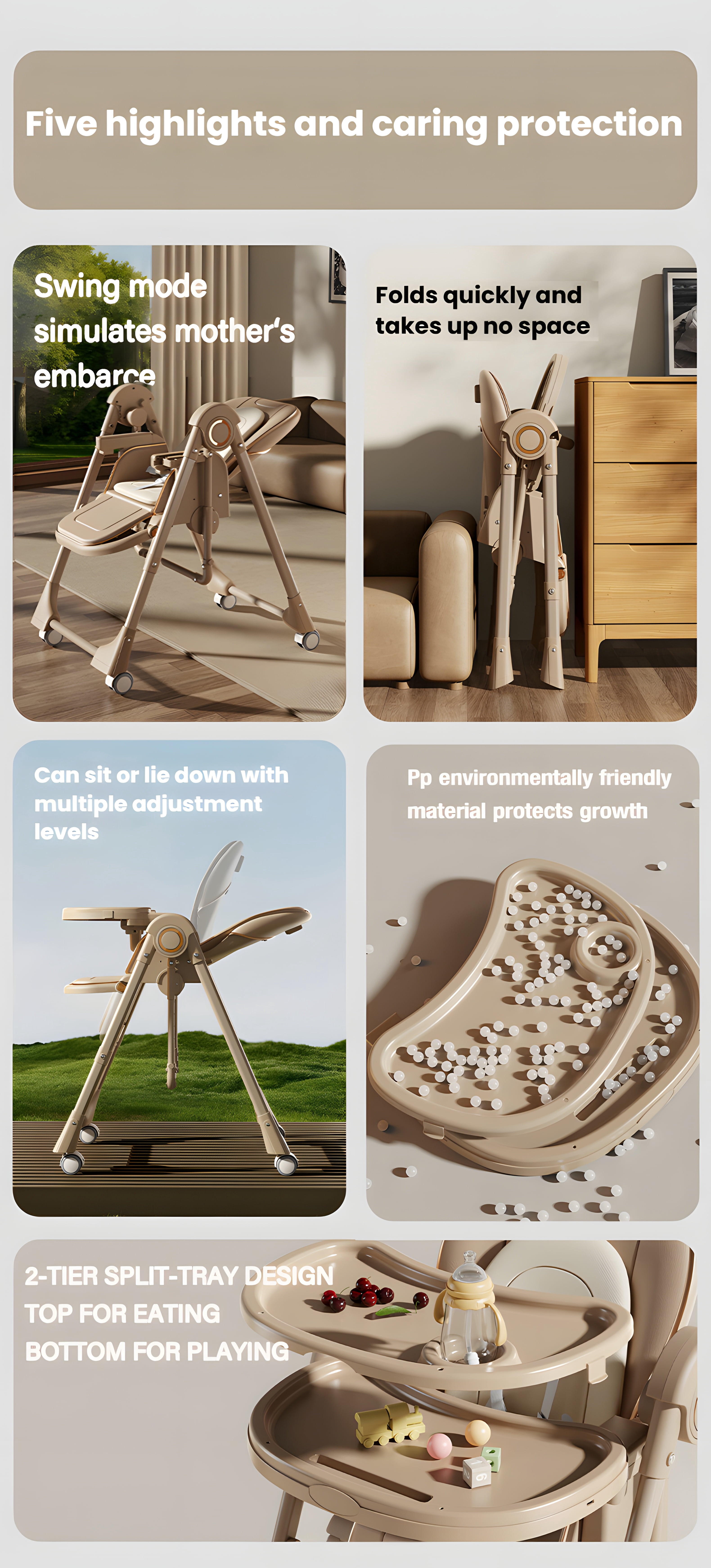 EaseBaby 2-in-1 Baby High Chair,Toddler Eating Chair & Swing Combo with Adjustable Dining Tray for Infant,Unisex,GRAY