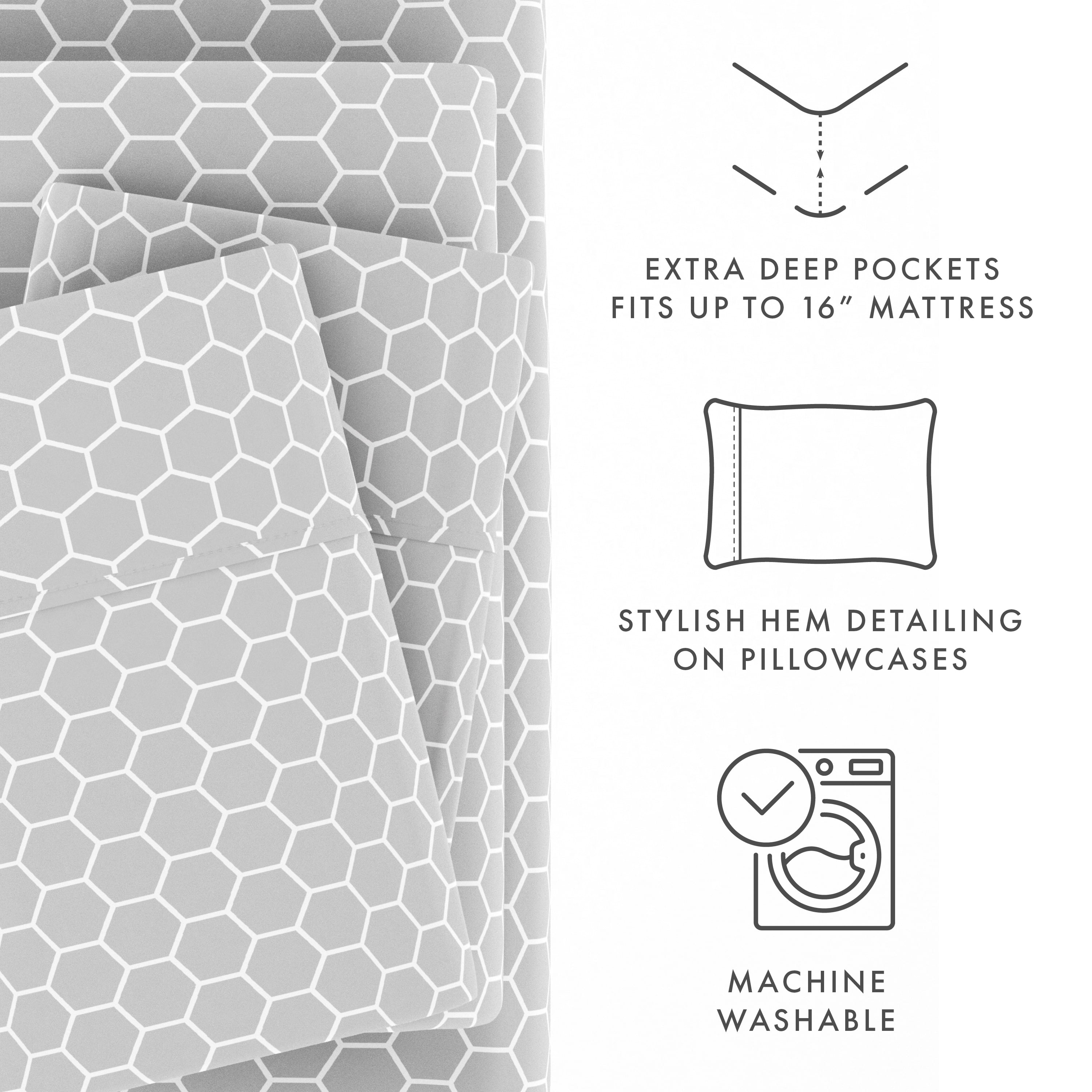Noble Linens 3 Piece Pattern Microfiber Bed Sheets Set, Light Gray Honeycomb, Twin