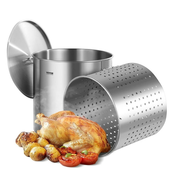 VEVOR Stainless Steel Stockpot, 100 Quart Large Cooking Pots, Cookware Sauce Pot with Basket, Lid, and Handle, Heavy Duty Commercial Grade Stock Pot, Sanding Treatment, for Large Groups Events Silver
