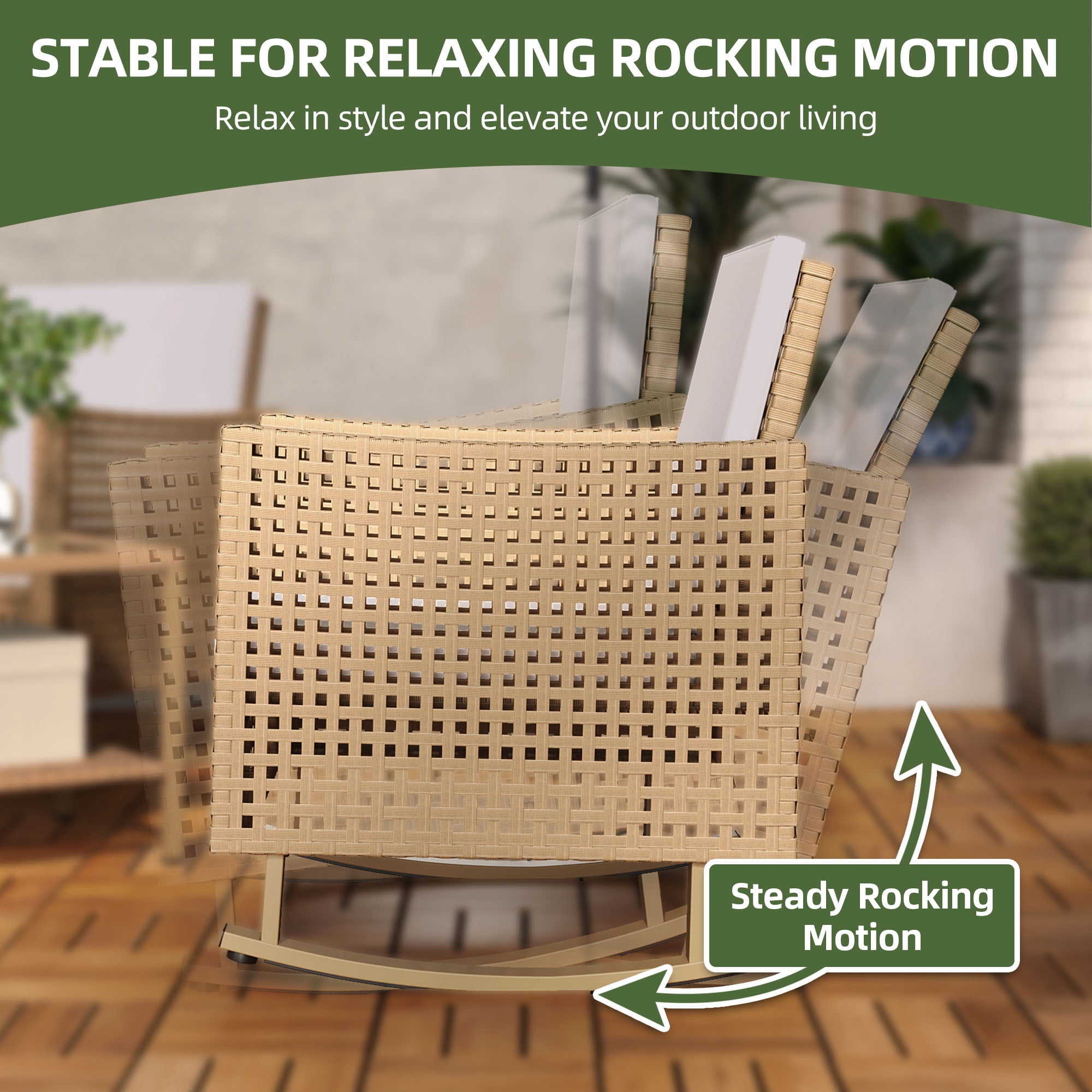 Uforic 3-Piece Outdoor Rocking Chairs, Wicker Patio Furniture with Thickened Cushions and Table for Porch (Brown)