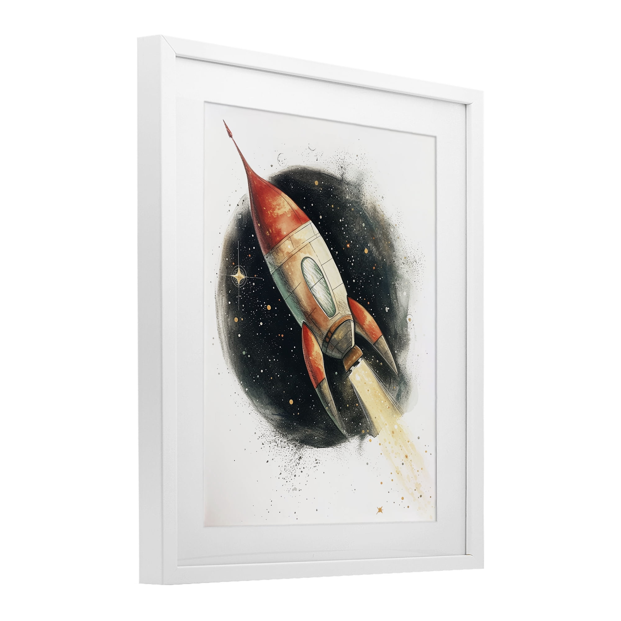 Stupell Industries Journey To Space Rocket White Framed Print Under Glass, design by Ray Powers