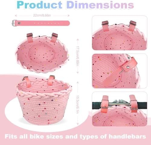 Kids Bike Basket Rope Woven Front Bicycle Basket for Boys Girls Kids Front Handlebar Basket for Scooter,Balance Bikes Cute Bike Basket with Colored Spots