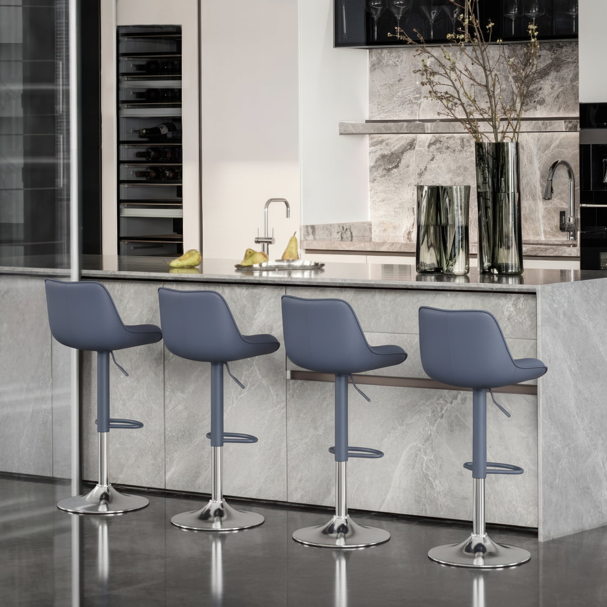 EOP Upholstered Bar Stools Set of 4, Adjustable Swivel Counter Height Bar Chairs with Backrest, Modern PU Leather Counter Stools for Bar, Kitchen, Dining Room, Blue