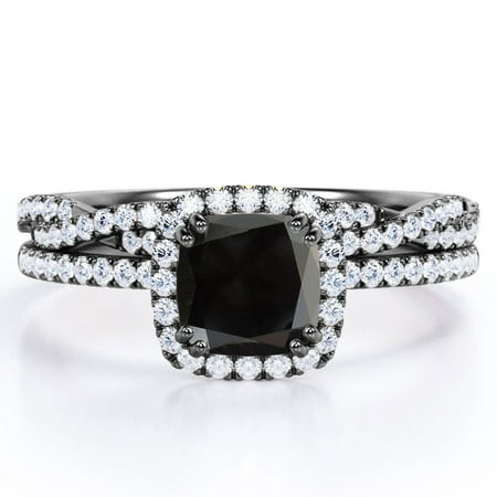 JeenMata Halo Prong Set - 1.5 Carat Cushion Cut Lab Created Black Diamond and Moissanite - Pave Twisted Infinity Wedding Ring Set - 18K Black Gold Plating over Silver