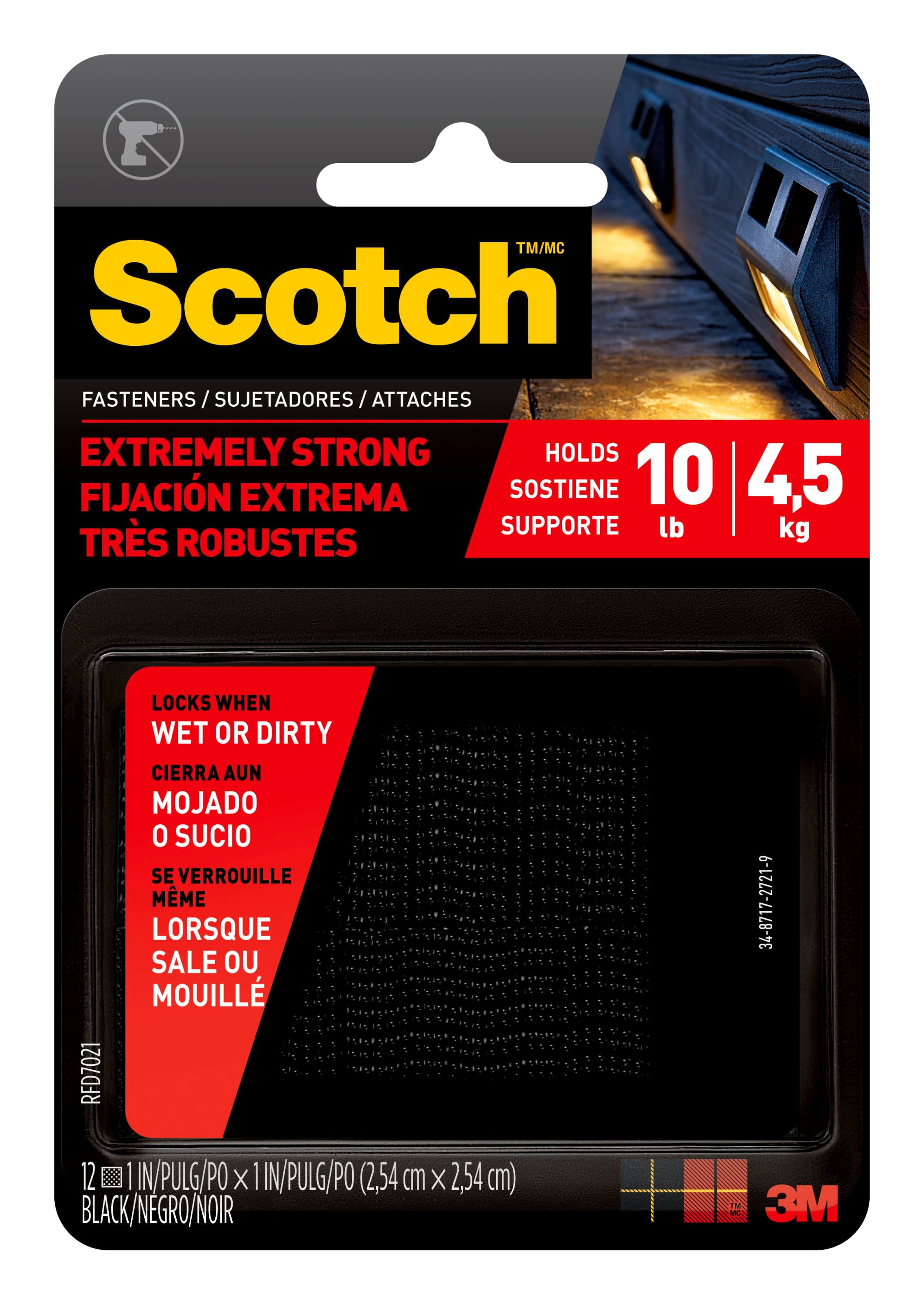 Scotch Extremely Strong Fasteners, 1 x 1 in, Black, 12 Pack, Holds 10 lbs