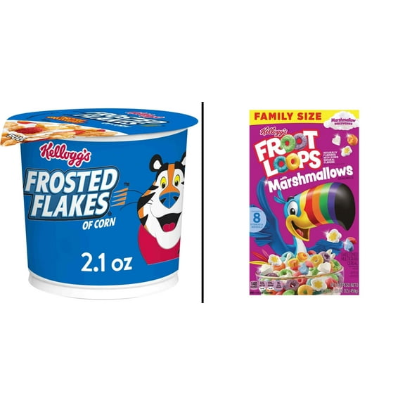 Kellogg's Frosted Flakes Cereal Cup 2.1 oz & Kellogg's Froot Loops Marshmallow Breakfast Cereal 16.2 oz