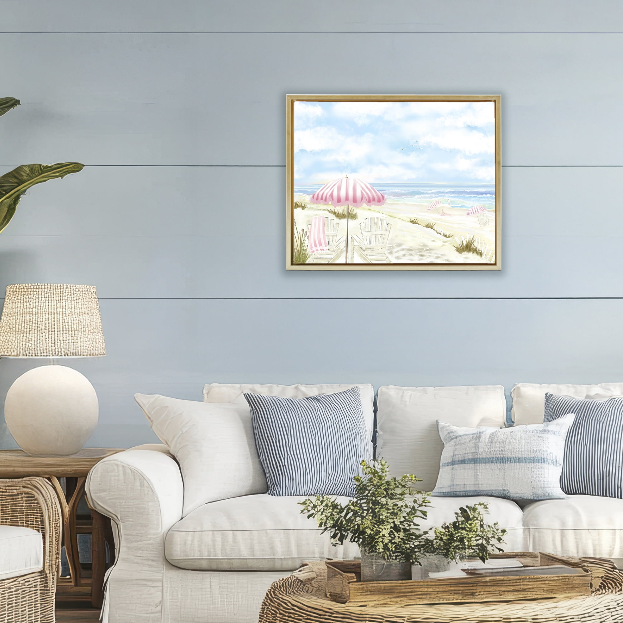 Seascape with Pink Umbrella Gold Framed Floater Canvas Wall Art, design by Lori Mosley