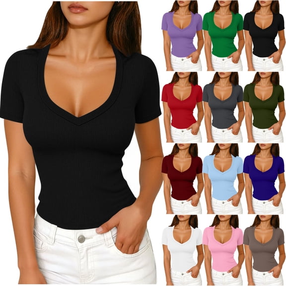 Short Sleeve Shirts For Women Ribbed Fitted Shirt Basic V Neck Slim T Shirt Tops Women Tops