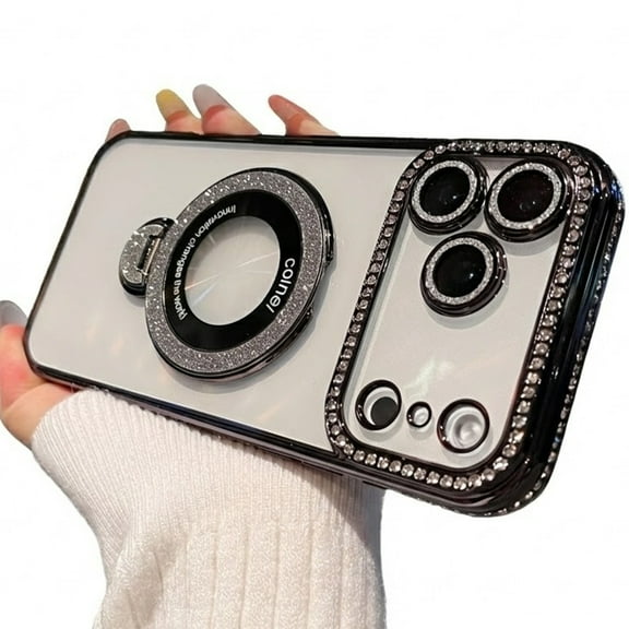 Dteck Diamond Case for iPhone 17 Pro, Compatible with MagSafe, Built-in Camera Lens Protector Glitter Bling Ring Stand TPU Clear Cover,Black with Diamond