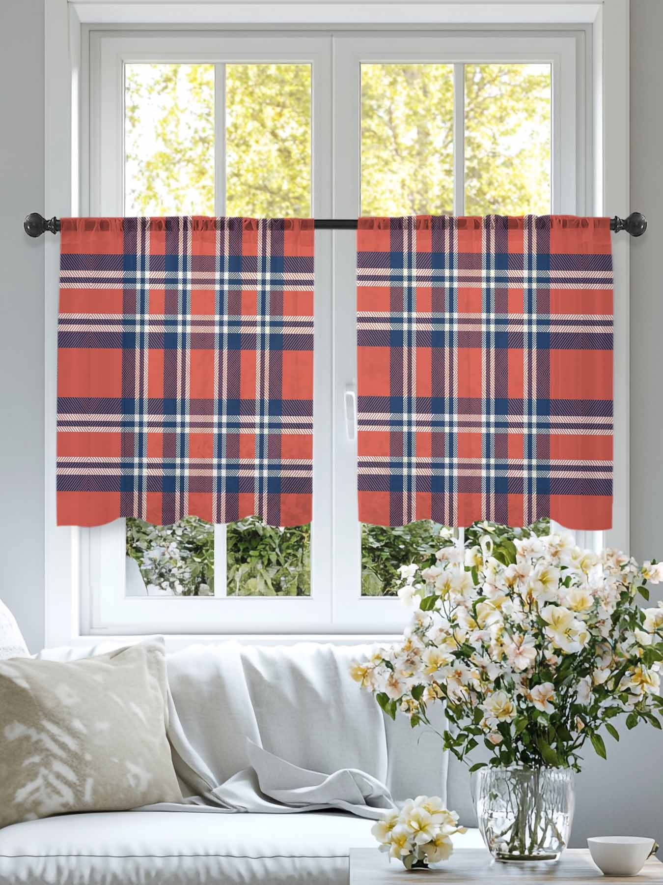 Orange And Sheer Curtains for Living Room Bedroom, Blue British Style Plaid Light Filtering Sheer Curtains, Rod Pocket Voile Window Drapes, 2 Panels Set 52"x 54"