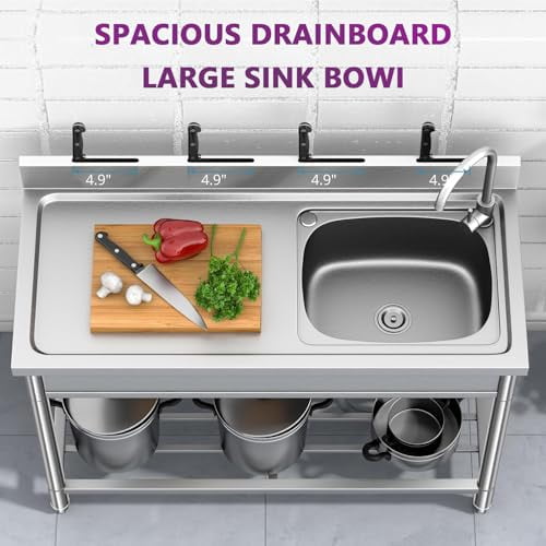Stainless Steel Utility Sink Freestanding Single Bowl Laundry Sink With Hot/Cold Stainless Faucet Workbench & Storage Stainless Steel Sink for Kitchen and Bathroom Farmhouse Style 47x20x37inch