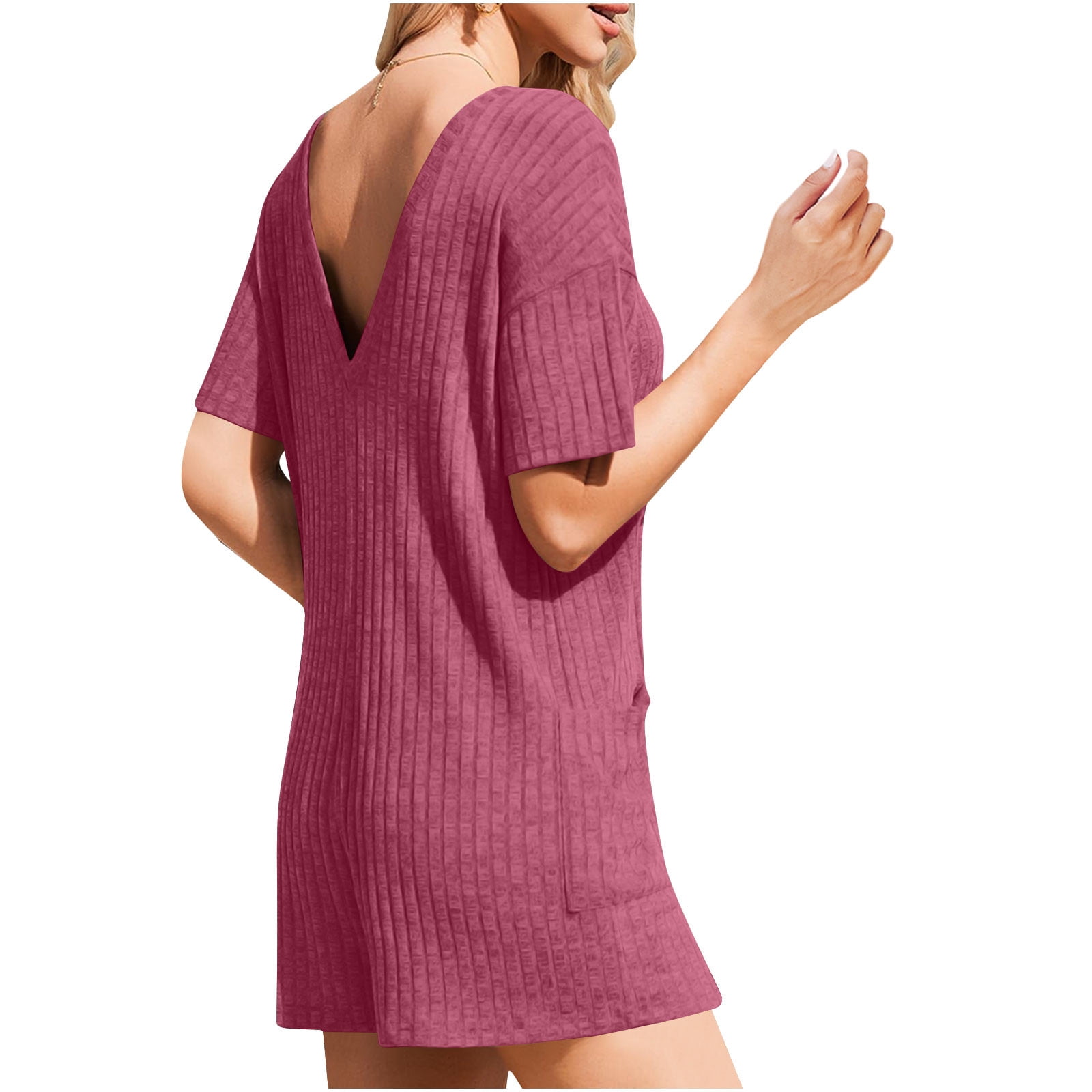 Feancey Oversized Rompers for Women Plus Size Trendy Knitted Jumpsuits Business Casual Short Sleeve Overalls Solid Color Loose One Piece Romper with Pockets Hot Pink XXL