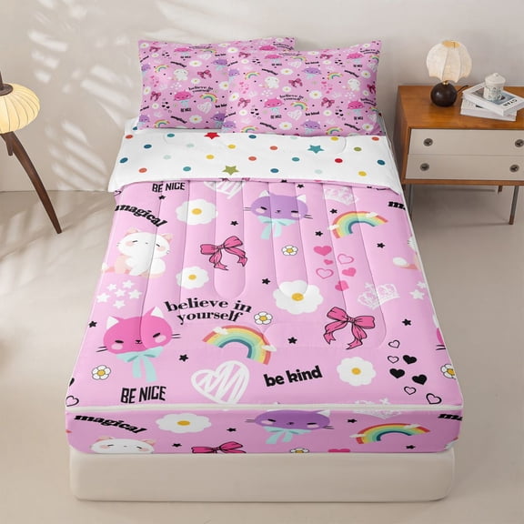 jejeloiu Pink Coquette Bow Zipper Twin Comforter Sets with Fitted Sheet and 2 Pillowcases Kids,Cute Cartoon Cat Zipper Bedding Set For Girls,Reversible,4-Piece