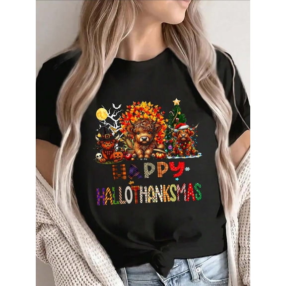 Happy Halloween Thanksgiving Christmas Highland Cow Holiday T-Shirt
