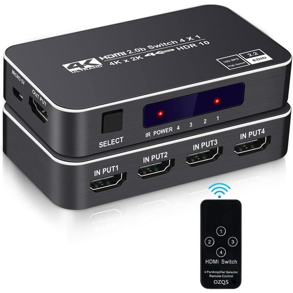 4K HDR HDMI Switch, AUBEAMTO 4 Ports 4K 60Hz HDMI 2.0 Switcher Selector with IR Wireless Remote, Supports UltraHD Dolby Vision, High Speed(Max to 18.5Gbps), HDR10, HDCP 2.2 & 3D