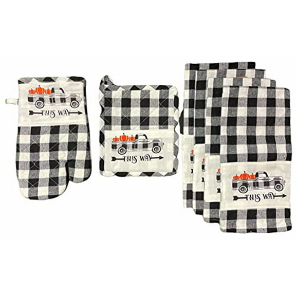 Antique Truck with Pumpkin, Thanksgiving Autumn Fall with Farmhouse Buffalo Plaid Set of 6 Kitchen Towel Set 4 Kitchen Towels, Potholder, Oven Mitt.