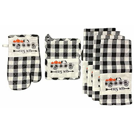 Antique Truck with Pumpkin Thanksgiving Autumn Fall with Farmhouse Buffalo Plaid Set of 6 Kitchen Towel Set 4 Kitchen Towels Potholder Oven Mitt.