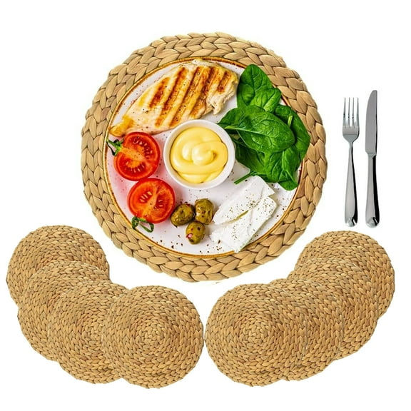 Round Woven Placemats Set of 8, 11.8" Round Rattan Placemats, Natural Wicker Placemats, Hand-Woven Placemats, Heat Resistant Placemats,Boho Placemats, Non-Slip for Dining Table Party