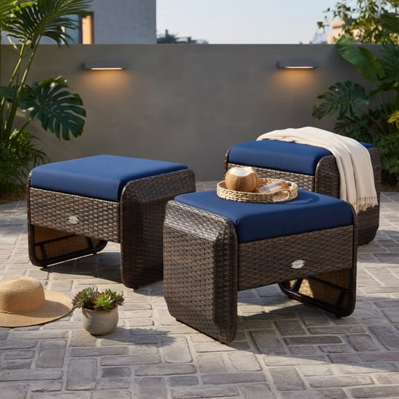 Resenkos Outdoor Footstool Footrest,2 Pieces Outdoor Patio PE Wicker Ottomans with Removable Cushions-Navy