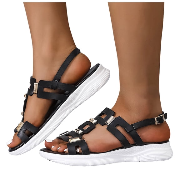 Dakaela Platform Sandals Women Memory Foam Strappy Orthopedic Wedges Slip on Slides Comfortable Summer Beach Walking Shoes with Back Strap Black Size 6
