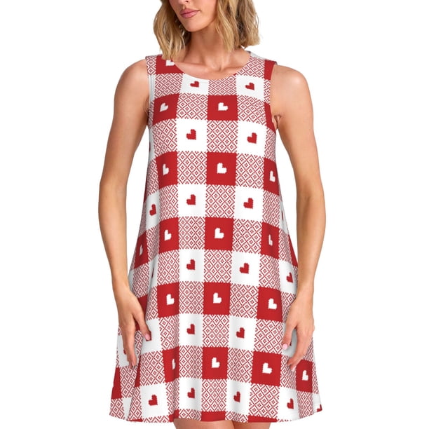 Balery Plaid Heart Vestidos de verano para mujer con estampado: vestido holgado sin mangas, vestido playero informal y cómodo para días calurosos.