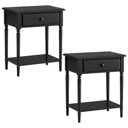 HomeStock Nordic Haven Nightstand One Drawer Side Table with USB-C Fast Charging Station AC/USB Charger and Shelf, 2-Pack, Swan Black