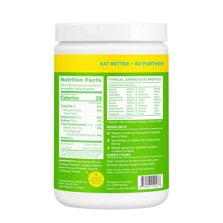 Further Food Grass Fed Matcha Collagen Peptides Supplement Powder - Organic  Matcha & Cordyceps for All Day Energy, Mental Clarity & Immunity & Premium