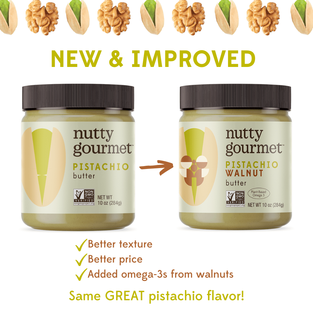 Nutty Gourmet Pistachio Walnut Butter - 10oz, 6-pack (Low-Sugar, Gluten-free, Peanut-free)