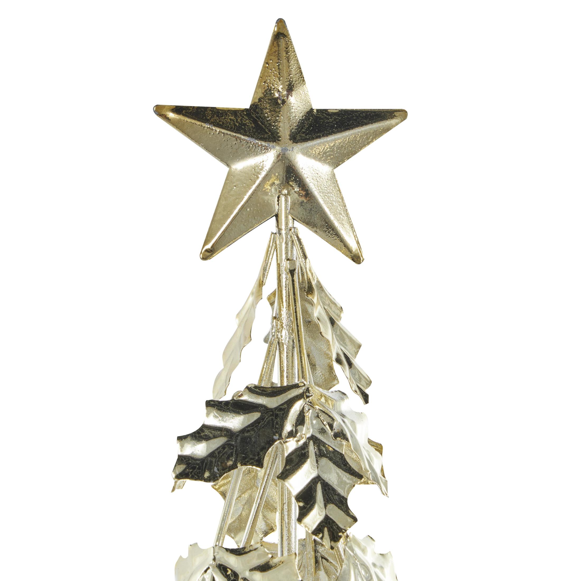 22", 18", 14"H Gold Metal Holiday Holly Leaf Tree Christmas Sculpture with Wooden Base and Star Topper, by DecMode (3 Count)