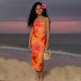 thumbnail image 2 of Girls Summer Floral Print Sleeveless Wrap Dress, Tropical Tube Midi Bodycon Dress Side Ruched Split Hem Kids Dress for Beach Pool Vacation Outdoor Wear(Orange,11 Years), 2 of 6