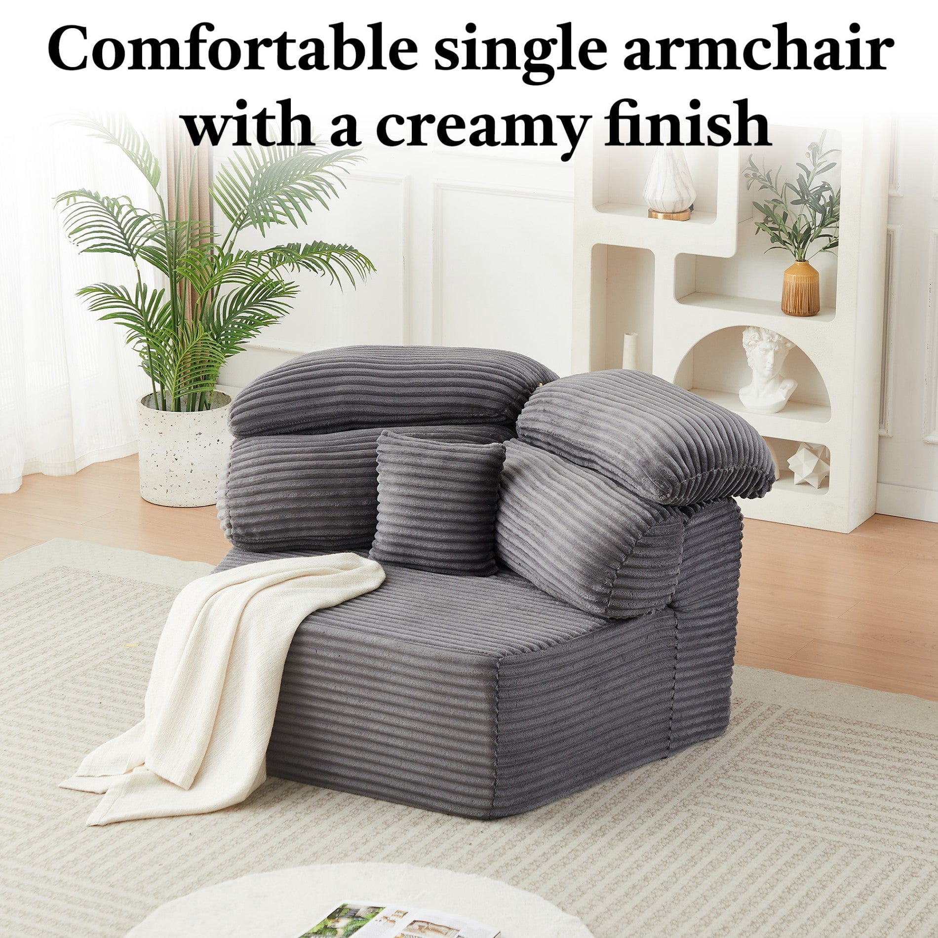 Sailvan 2PCS 53" Modern Corduroy Modular Lounge Chair, Pentagonal Seater Cloud Sofa with 6 Enveloping Pillows for Living Room Grey