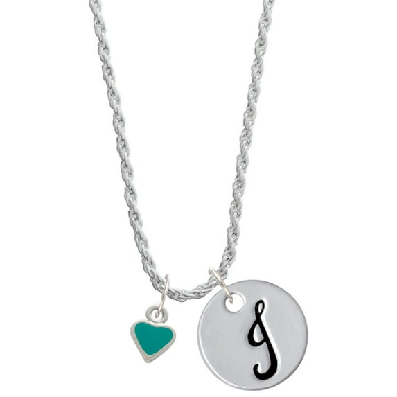 Delight Jewelry Silvertone Mini Two Sided Teal Heart Silvertone Script Initial Disc - J - Charm Necklace, 20"+3"