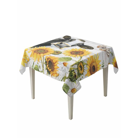 Retro Farmhouse Floral Suqare Tablecloth - 60 x 60 Inch, Yellow Sunflowers Cows Butterfly Wood Waterproof & StainResistant Tablecloth, Washable Oil-proof Table Cover for Dining/Party/Wedding/Buffet