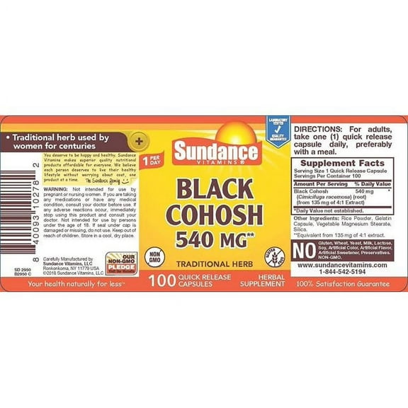 Sundance Vitamin Black Cohosh 540mg Traditional Herb Non GMO, 100ct, 2-Pack