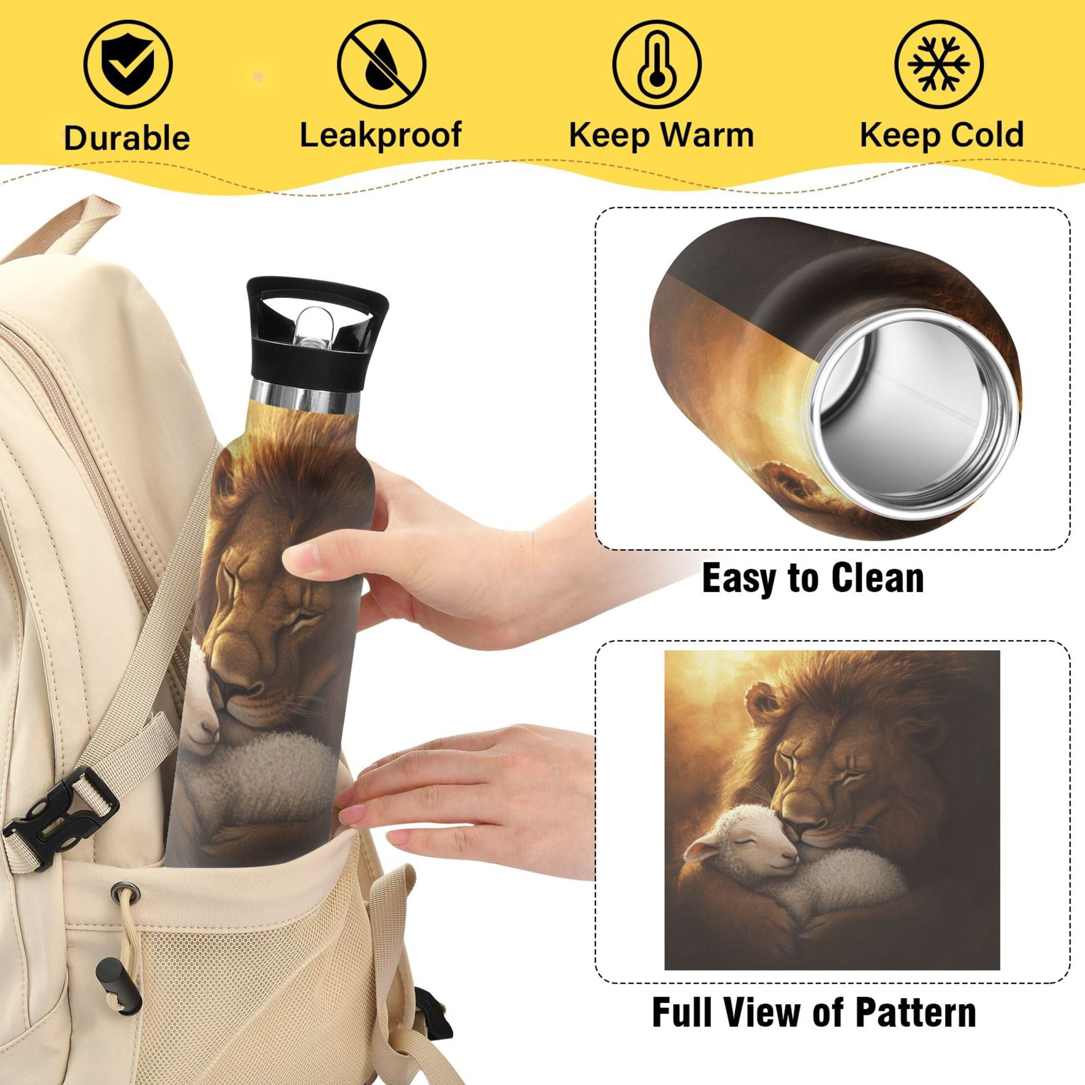 600ML Stainless Steel Insulated Cup Sports Water Bottle Portable Thermos Cup Water Glasses Insulated Tumblers Convenient and Durable Cute Lion Sheep