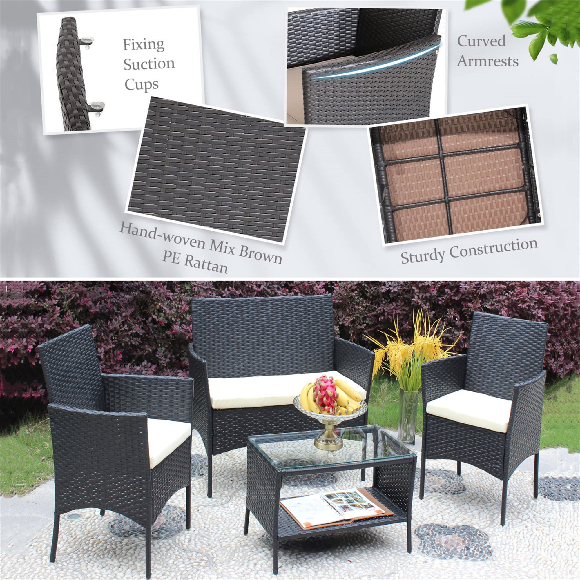 Aukfa 4 Piece Rattan Outdoor Patio Conversation Sofa Set with Table & Cushions, Beige
