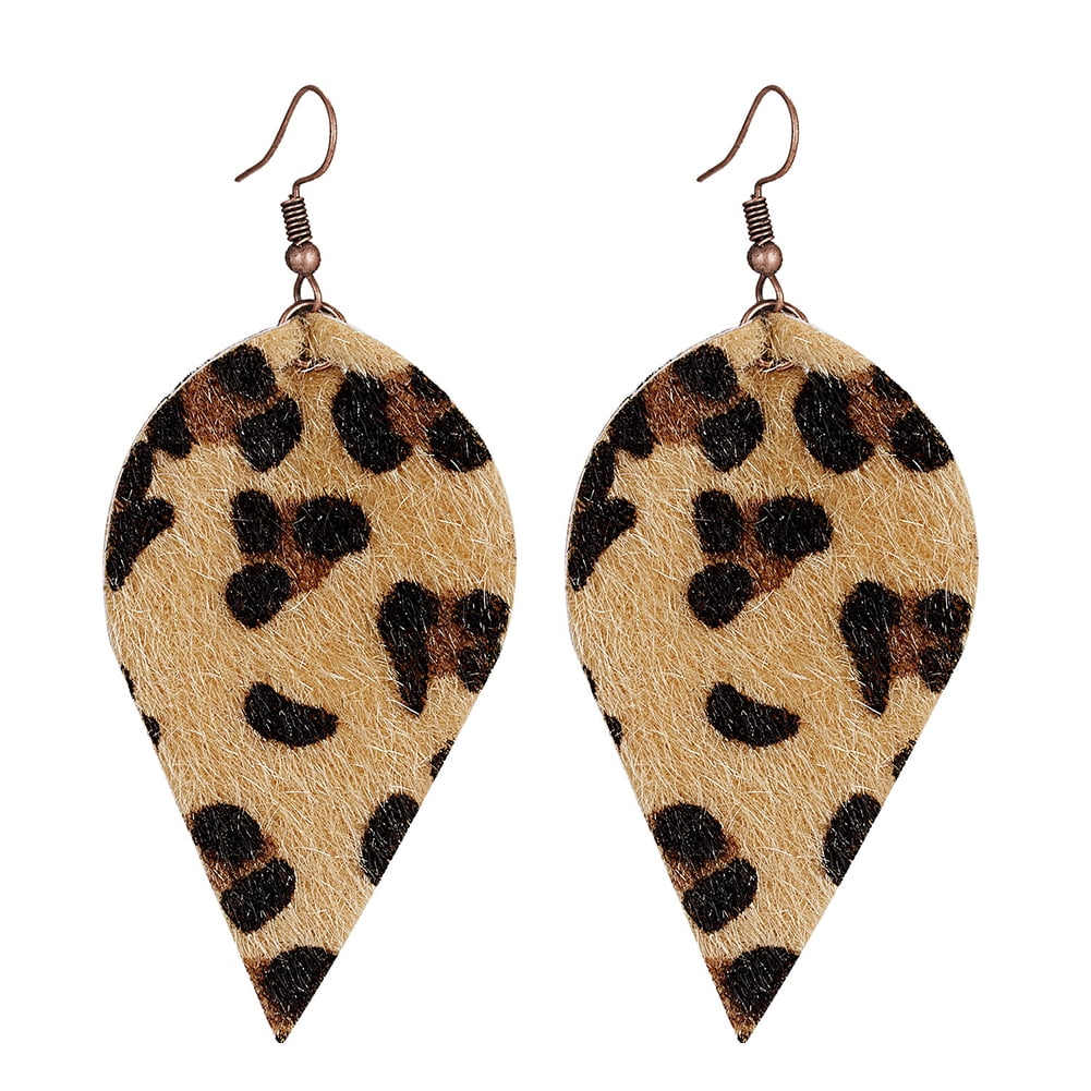 Mountainer 6 Pairs Leopard Print Lightweight Leather Teardrop Earrings Vintage Leaf Dangle Earrings for Women Girls
