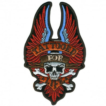 TATTOOED FOR LIFE, with Skull and Wings, Iron-On / Saw-On, Heat Sealed Backing Rayon BIKER PATCH - 3