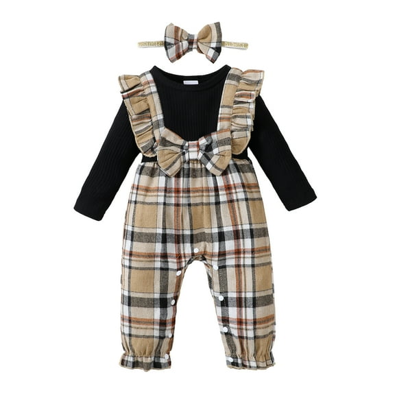 Kucnuzki Newborn Baby Girls Rompers Fall Round Neck Long Sleeves Plaid Print Bodysuits Autumn with Headband 2pcs Baby Girls One-piece Khaki 3-6 Months