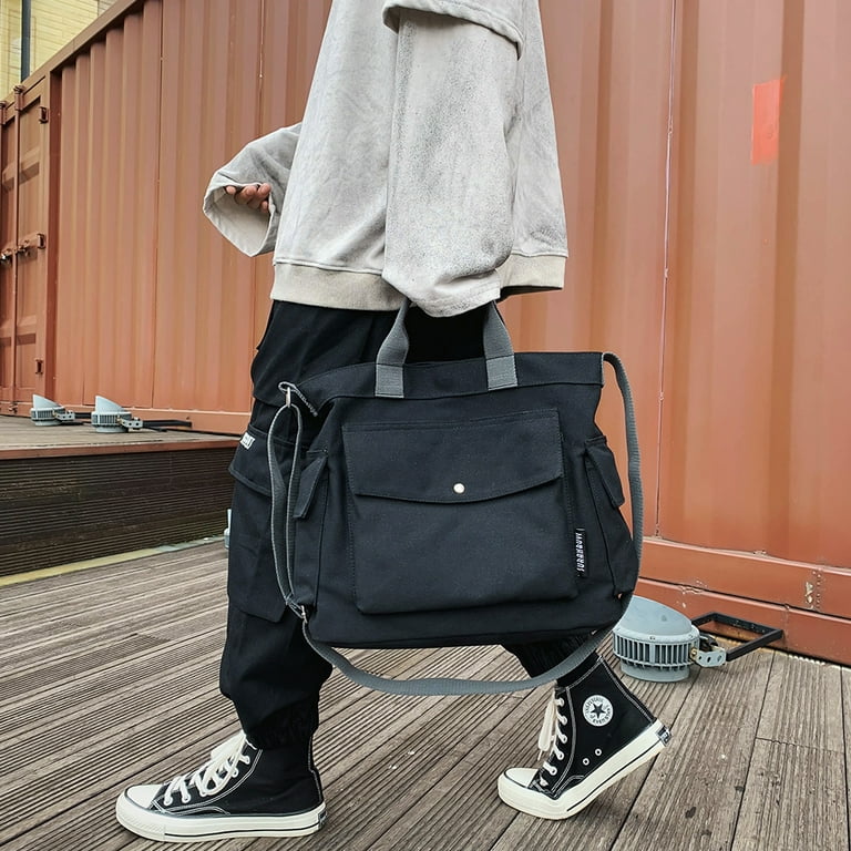 Black Canvas Shoulder Bag With Adjustable Shoulder Straps