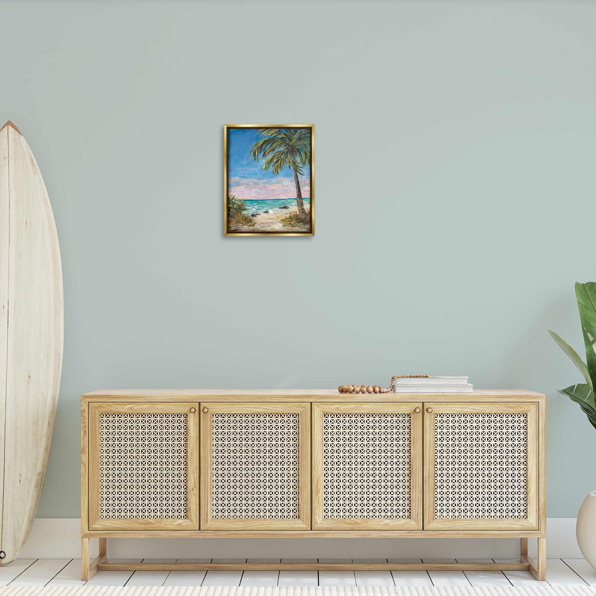 Stupell Industries By the Single Palm Coastal Painting Gold Floater Framed Canvas Art Print Wall Art, 17 x 21