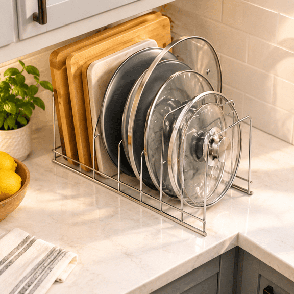 Pots and Pans Organizer Under Cabinet with 8 Dividers, Pot Lid Holder Rack for Bowls and Plates, Durable Kitchen Storage, 1 Pack, Easy to Clean