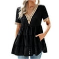 thumbnail image 2 of Summer Saving Wycnly Cute Tops for Women Short Sleeve V-Neck Plain T shirts Summer Elegant Lace Trim Flowy Ruffle Swing Tunic Blouse Black S Clothes, 2 of 7