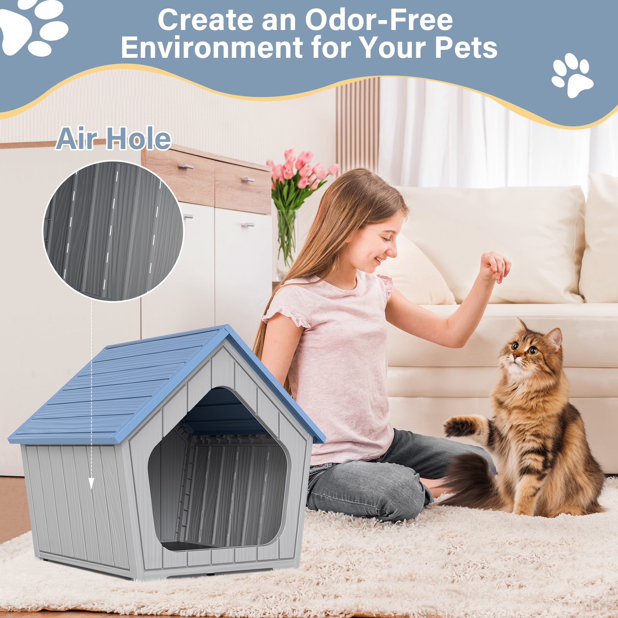 LHBcraft Outdoor Cat House,Weatherproof Resin Cat Shelter for Stray & Feral Cats,Durable All-Season Pet House for Indoor & Outdoor,Blue