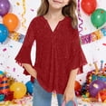 thumbnail image 2 of XAOFW Girl's T-Shirts Glitter Sequins Mesh 3/4 Sleeve V Neck T Shirts Daily Wear Casual Tee Shirt Lounging Stylish Cozy Tops, 2 of 4