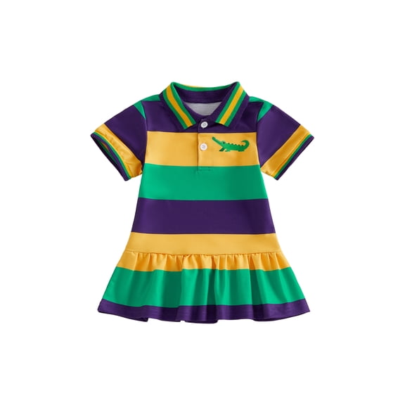 BemeyourBBs Toddler Baby Girls Mardi Gras Dress Outfits Crocodile Embroidery Short Sleeve Striped Collared Ruffle Dress Summer Clothes
