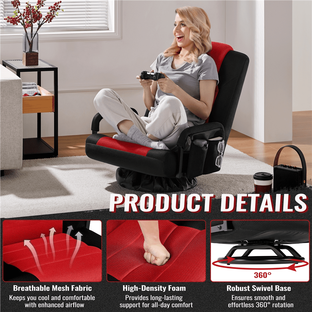Alden Design Swivel Floor Gaming Chair with Adjustable Backrest, Black/Red